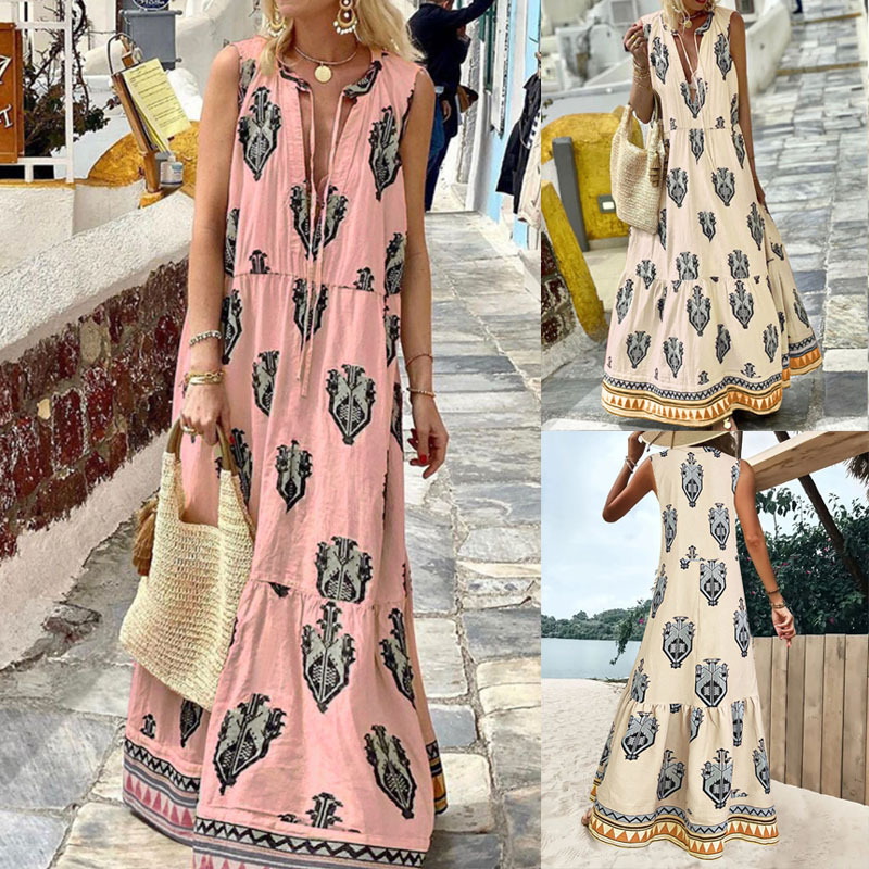 Bohemian Print Sleeveless Deep V-Neck Maxi Dress