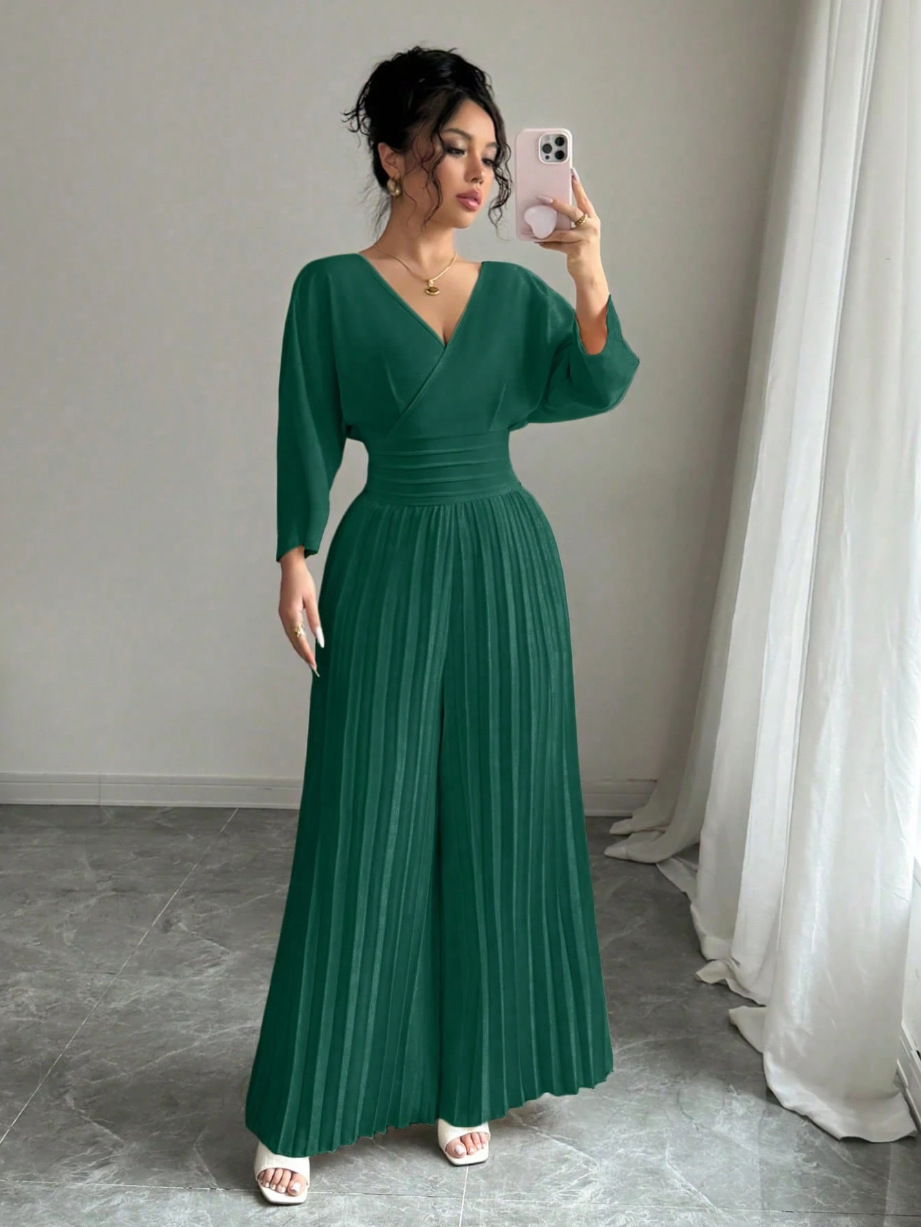 Elegant Solid V-Neck Pleated Waist-Defining Wide-Leg Jumpsuit