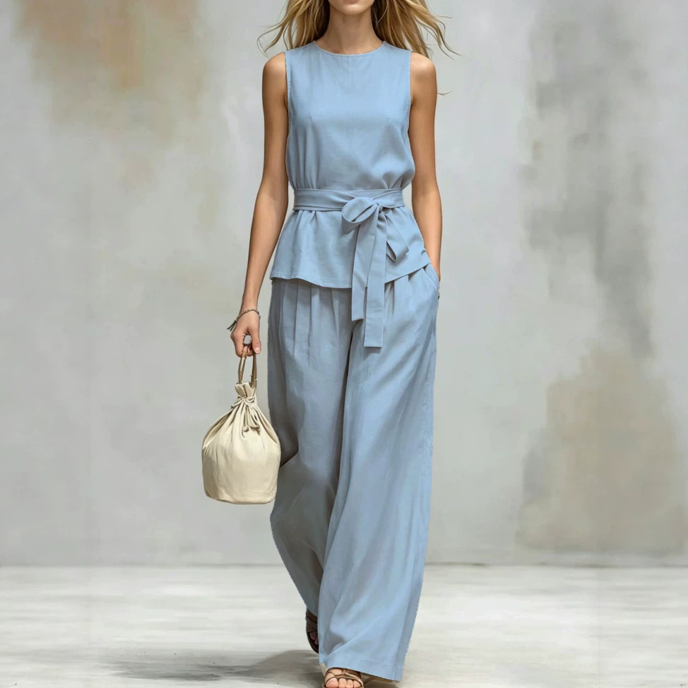 Women's Sleeveless Tie-Front Top & High-Waist Wide-Leg Pants Set