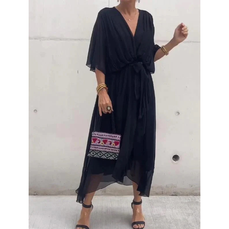 Women's Solid Color Tie-Waist Batwing Sleeve Irregular Long Dress Plus Size