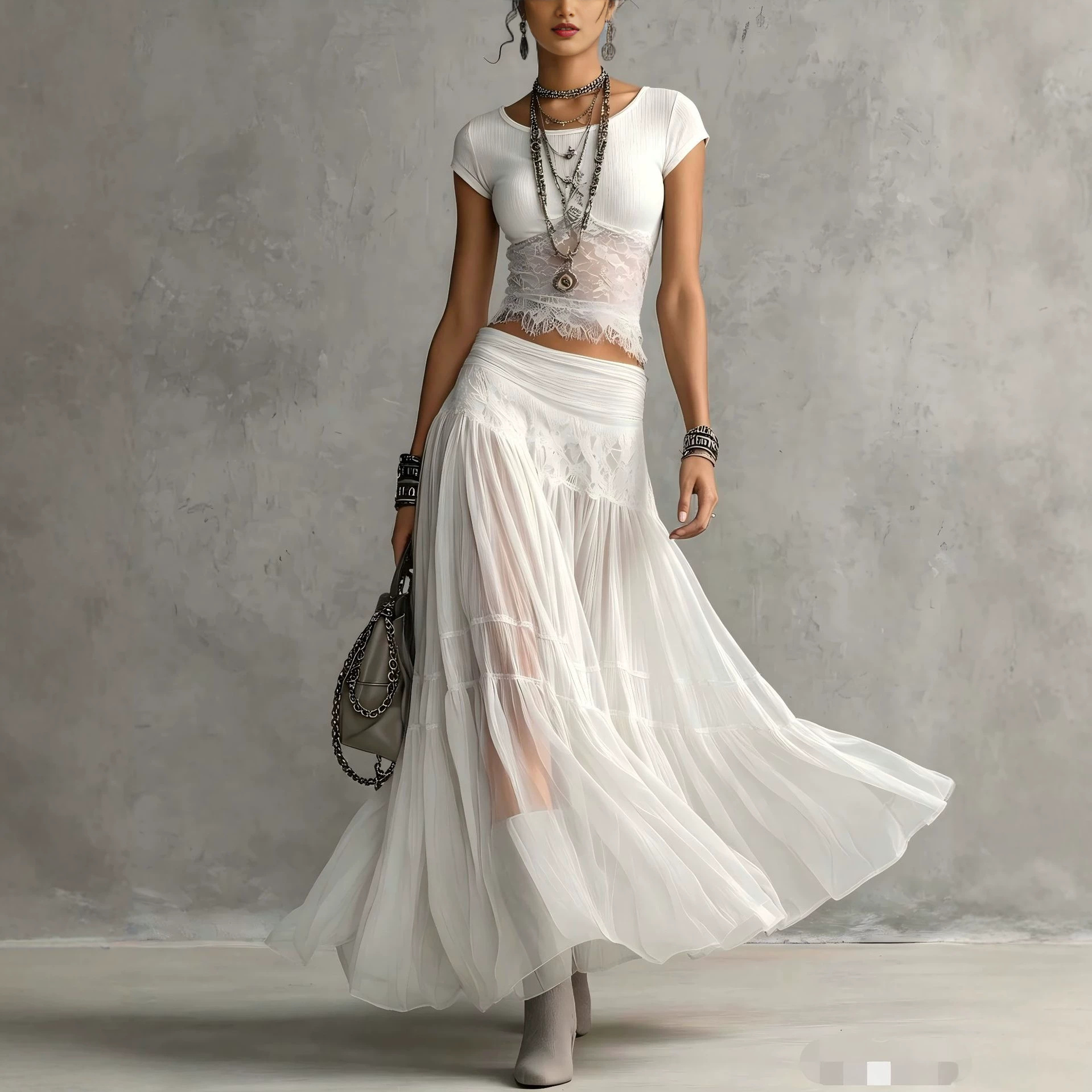 Gray Knit Top & Chiffon Maxi Skirt Two-Piece Set