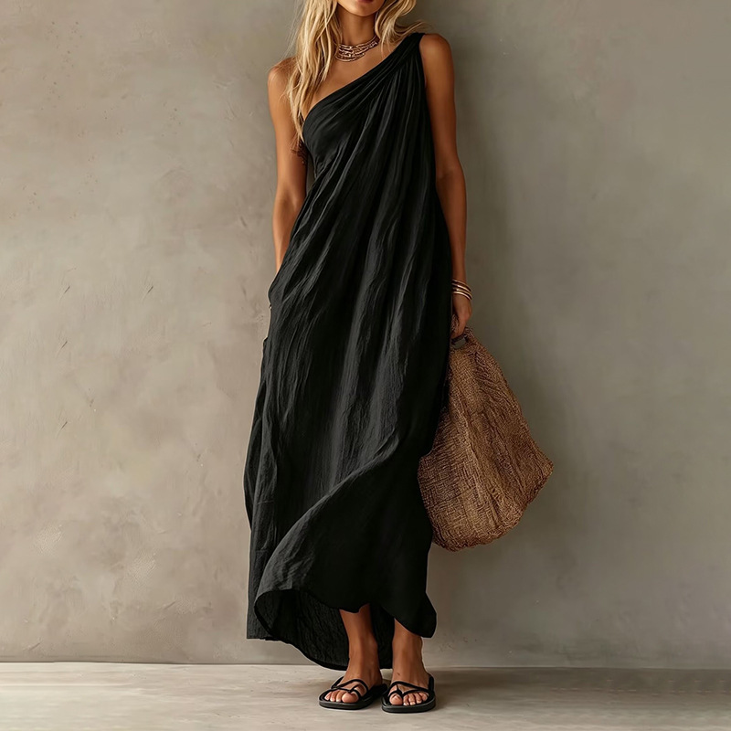 Women's One-Shoulder Long Dress Solid Color Casual Elegant Vacation A-Line