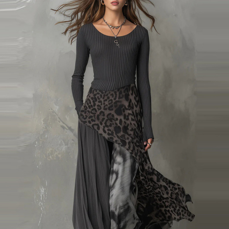 Leopard Print High Waist Long Sleeve Maxi Dress