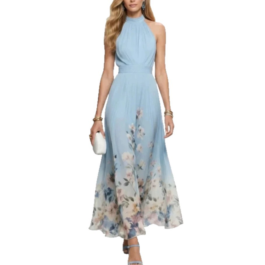 Elegant Floral Print Halter Sleeveless Tie-Waist Long Dress