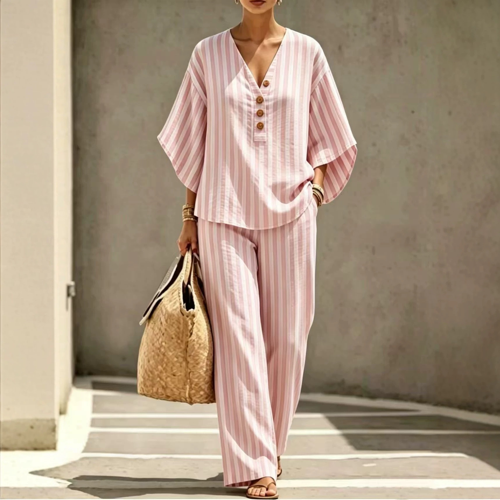 Women's Striped Linen Shirt Set Loose Casual Short Sleeve