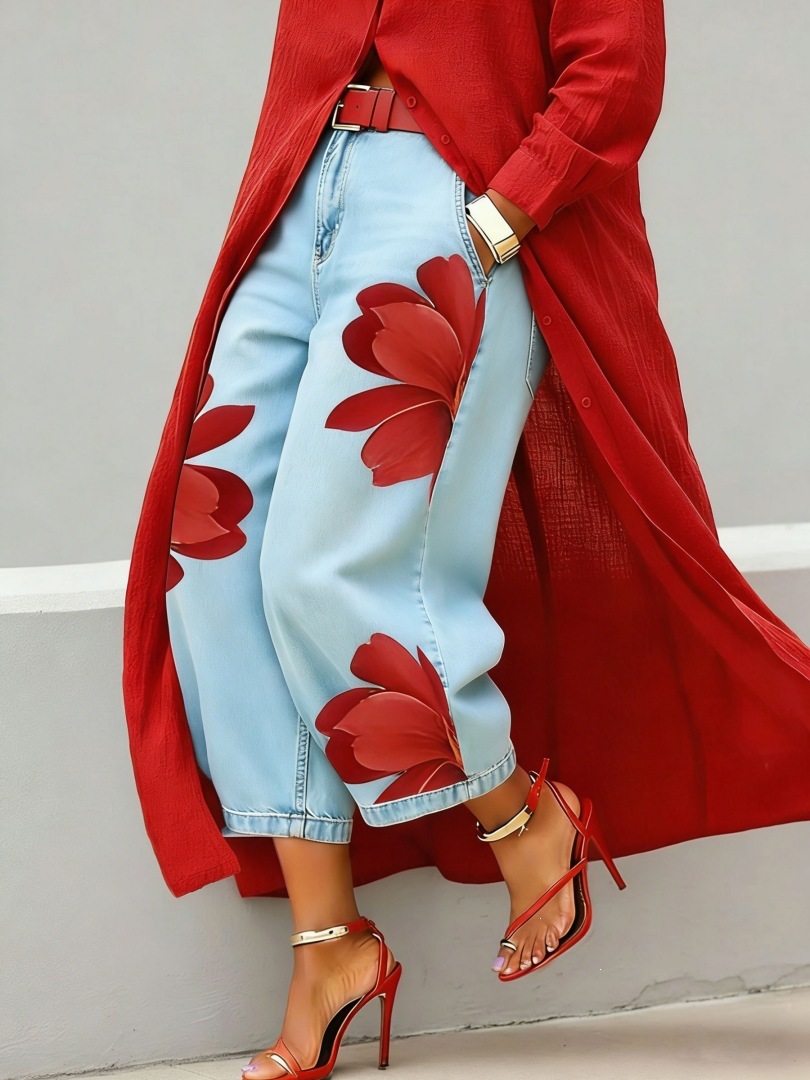 Women's Summer Wide-Leg Faux Denim Pants Printed Loose Fit