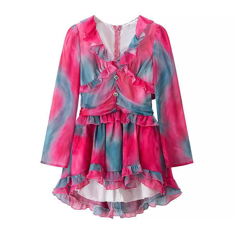 V-Neck Ruffle Trim Floral Print Dress