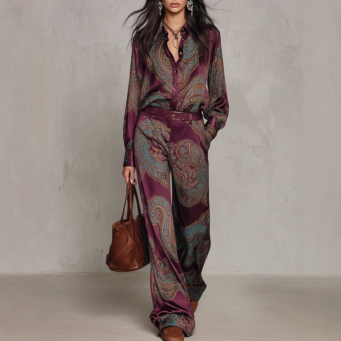 Paisley Print Long Sleeve Shirt and Wide Leg Pants Set
