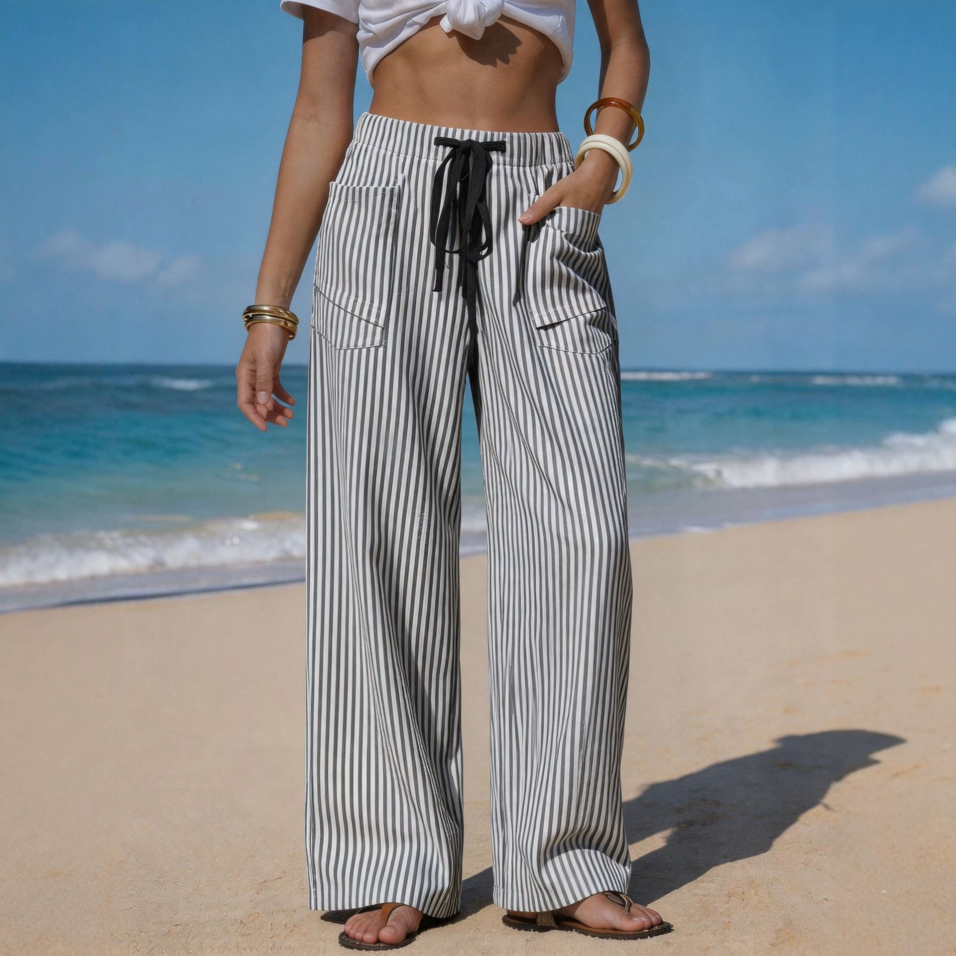 Women's Striped Linen-Like Drawstring Pants with Pockets