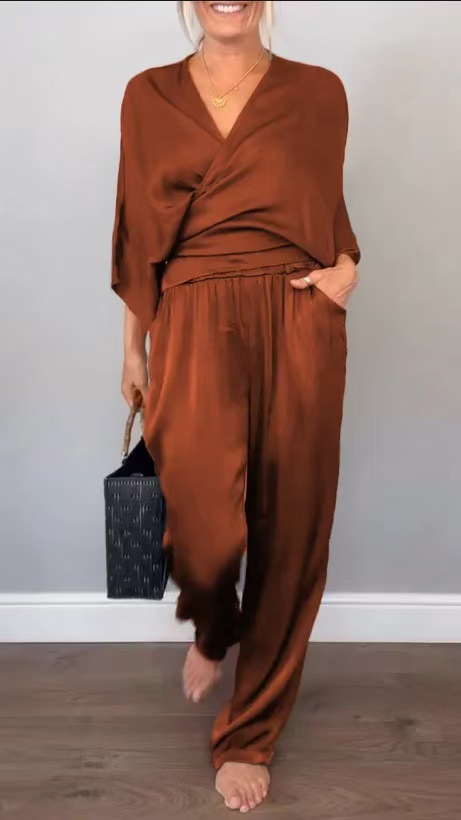 Women's Summer Satin Short Sleeve Top and Pants Set Solid Color