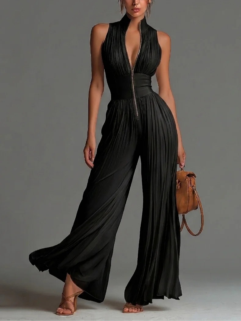 White Pleated Halter Wide-Leg Jumpsuit for Women
