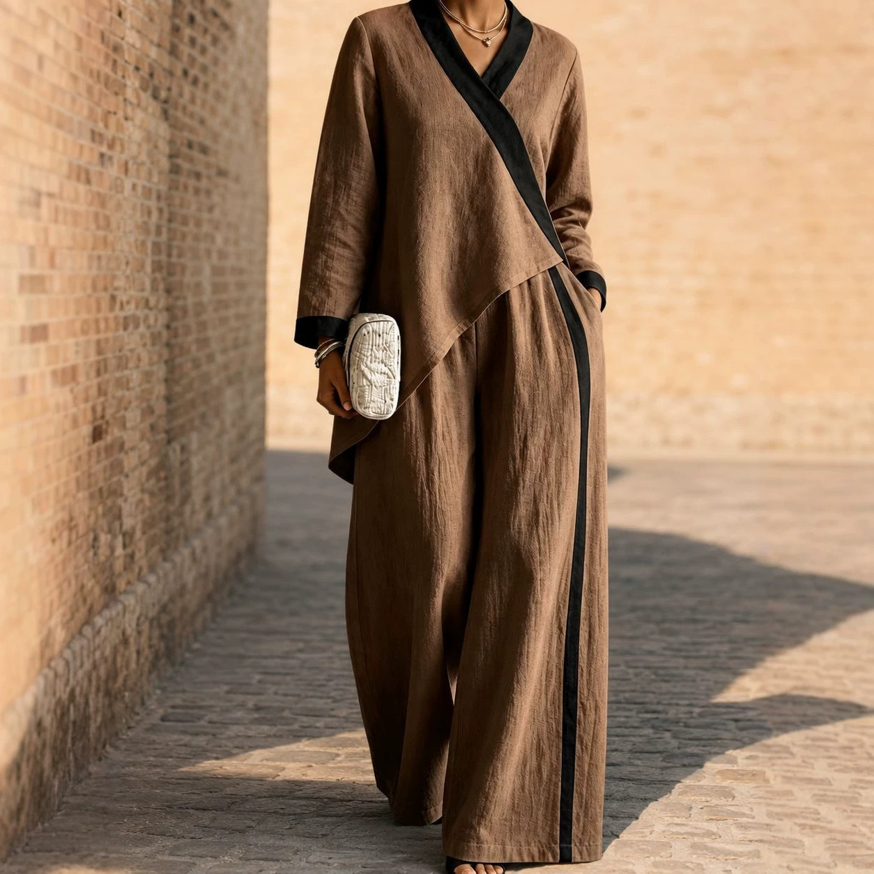 2026 Fall Cross-Border Hot-Selling European and American Women's Color-Block V-Neck Asymmetrical Top Wide-Leg Pants Loose Casual Set