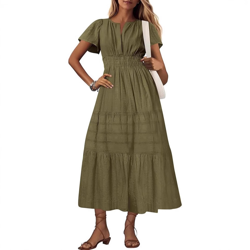 V-Neck Ruched Bubble Sleeve Tiered Maxi Dress
