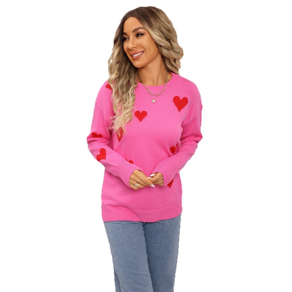 Long Sleeve Heart Embroidered Loose Knit Sweater