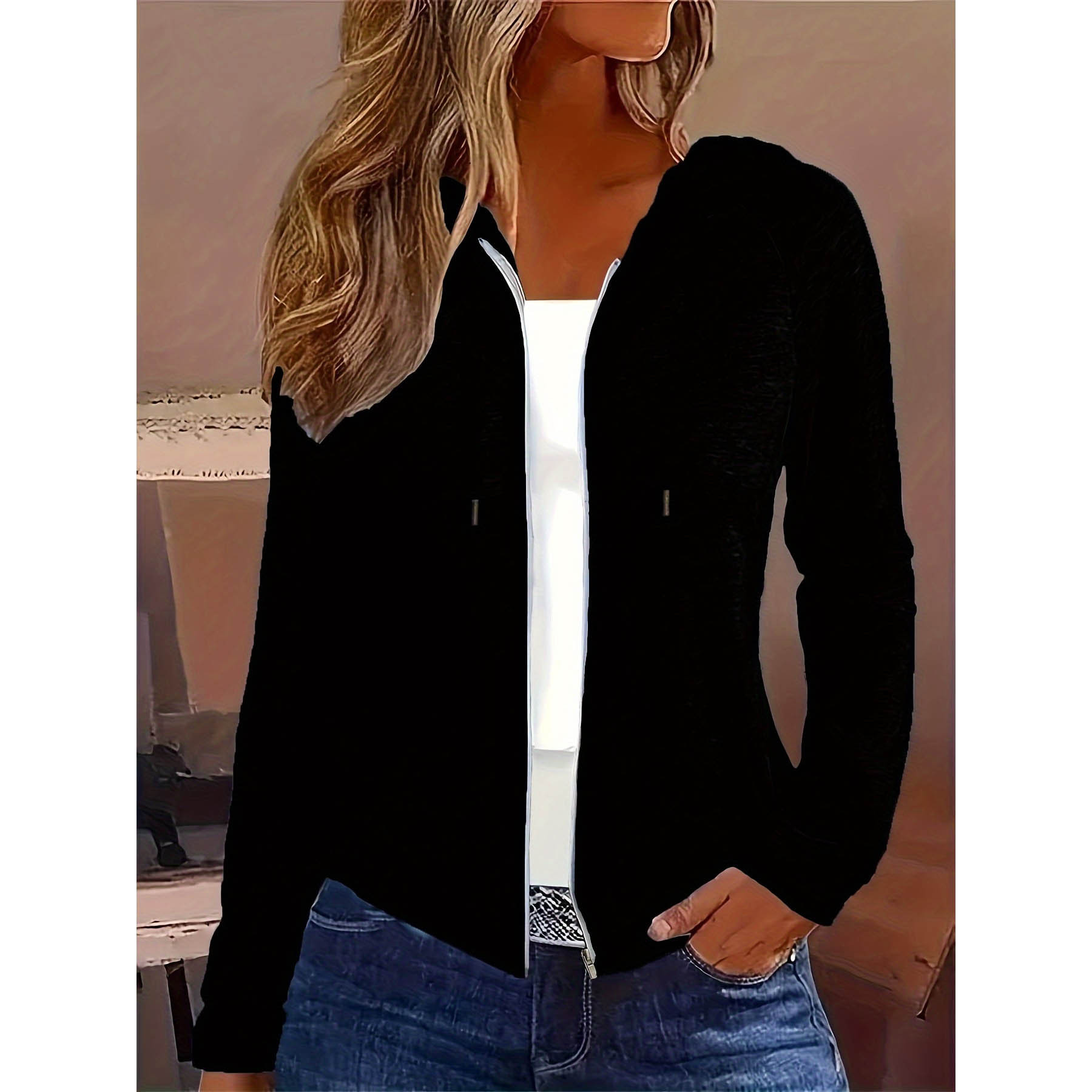 Women's Solid Zip-Up Hooded Cardigan Sweatshirt Long Sleeve Casual