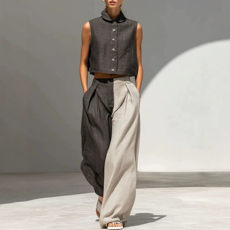 Women's Casual Retro Colorblock Sleeveless Top and Wide-Leg Pants Set