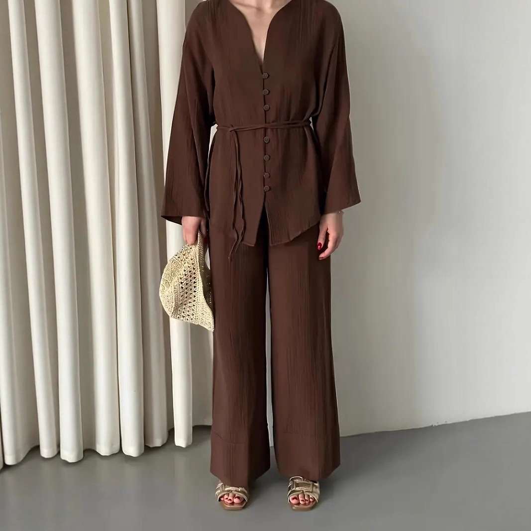 Elegant V-Neck Long-Sleeve Blouse and Straight-Leg Pants Two-Piece Set