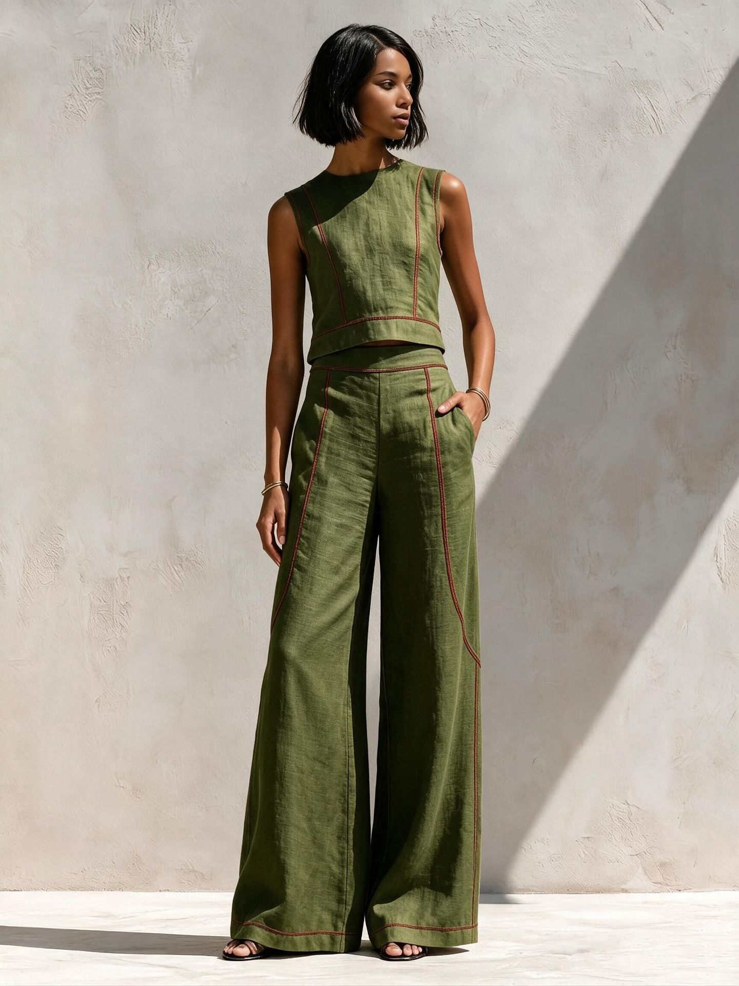 Sleeveless Color-Block Wide-Leg Pants Set Women's Casual Two-Piece