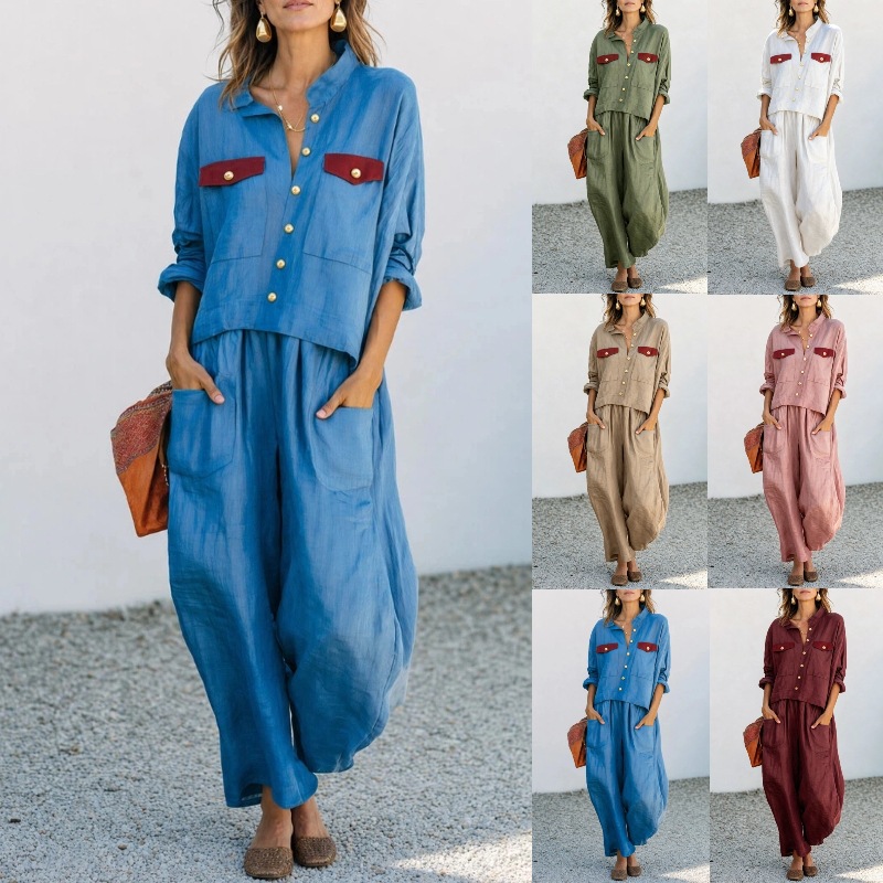Women's Casual Loose Button Shirt and Wide-Leg Pants Two-Piece Set