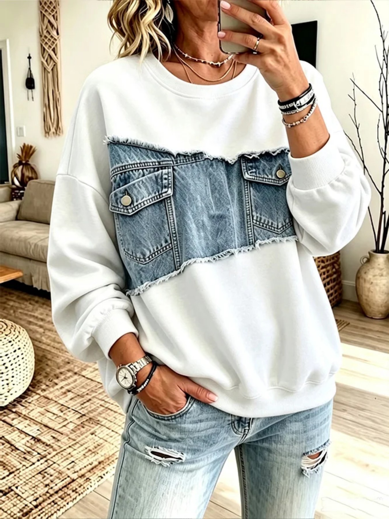 Patch Pocket Print Crewneck Long Sleeve Pullover Sweatshirt