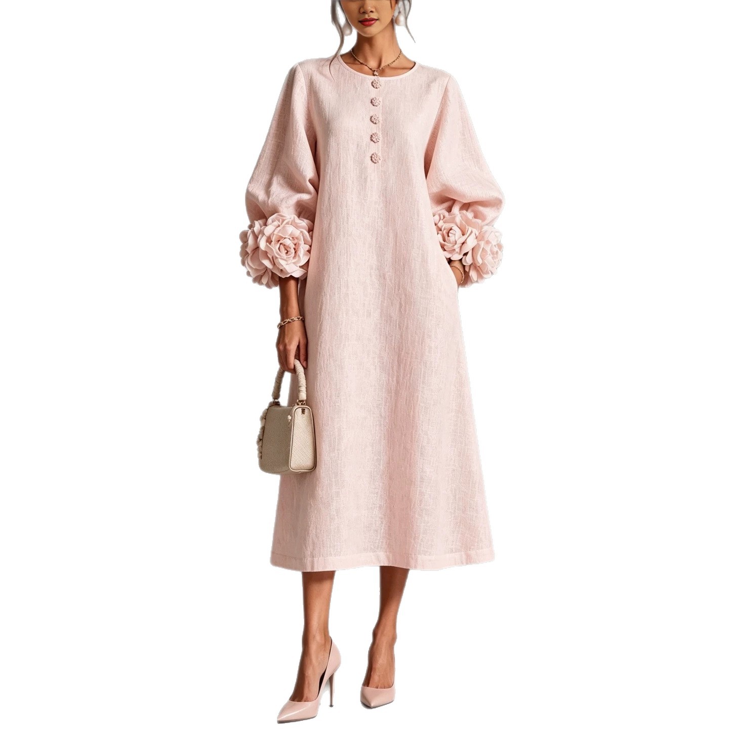 Women's Loose Round Neck Lantern Sleeve Floral Midi Dress