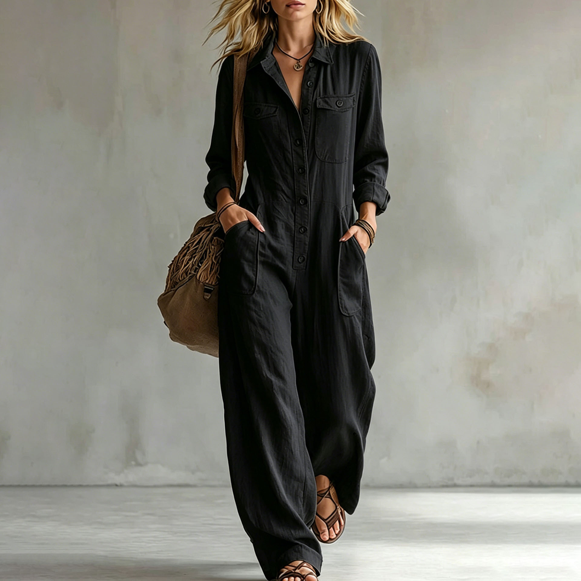 Women's Casual V-Neck Long Sleeve Jumpsuit with Pockets