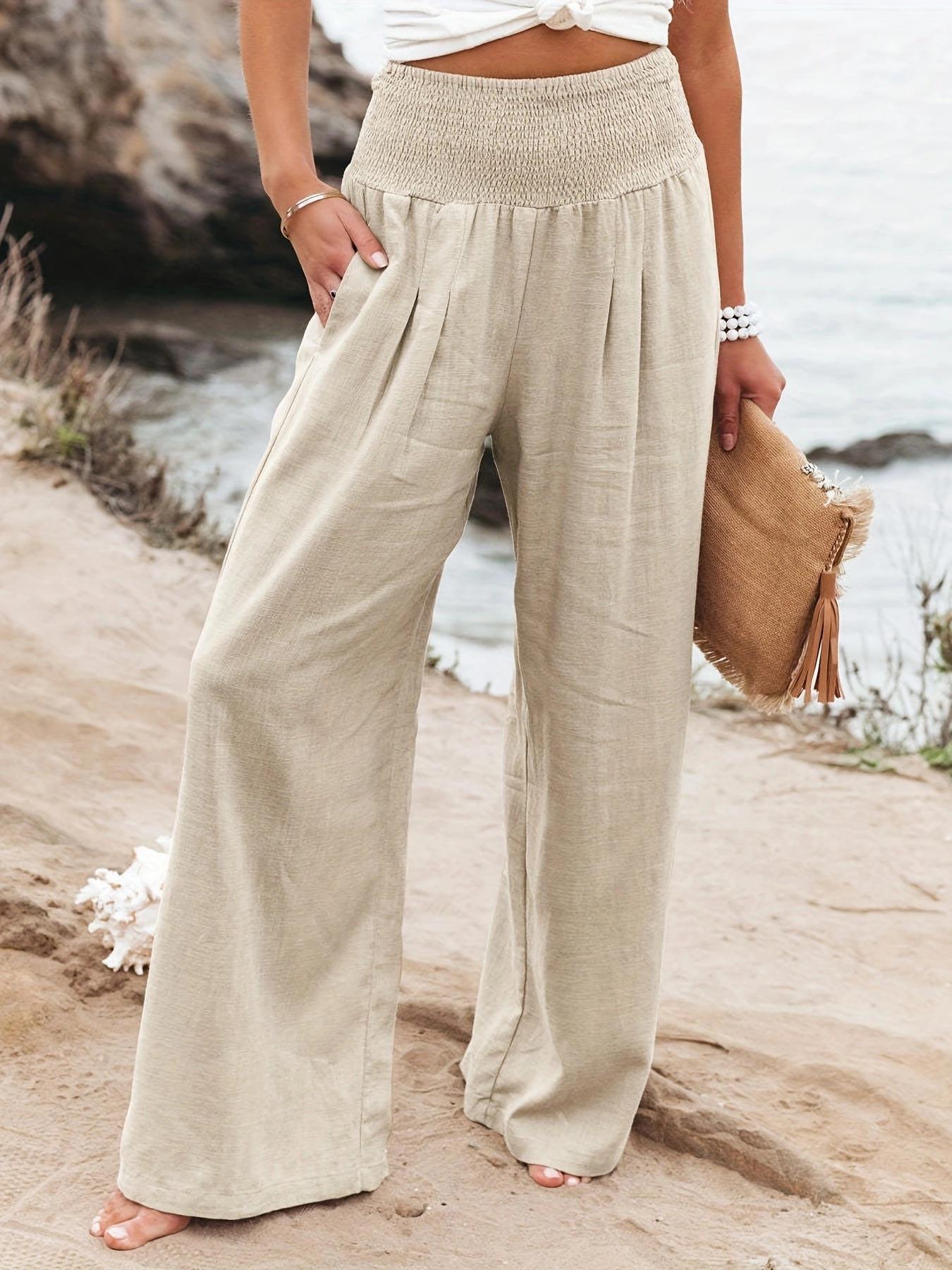Women's Casual Cotton Distressed Mid-Rise Wide-Leg Pants