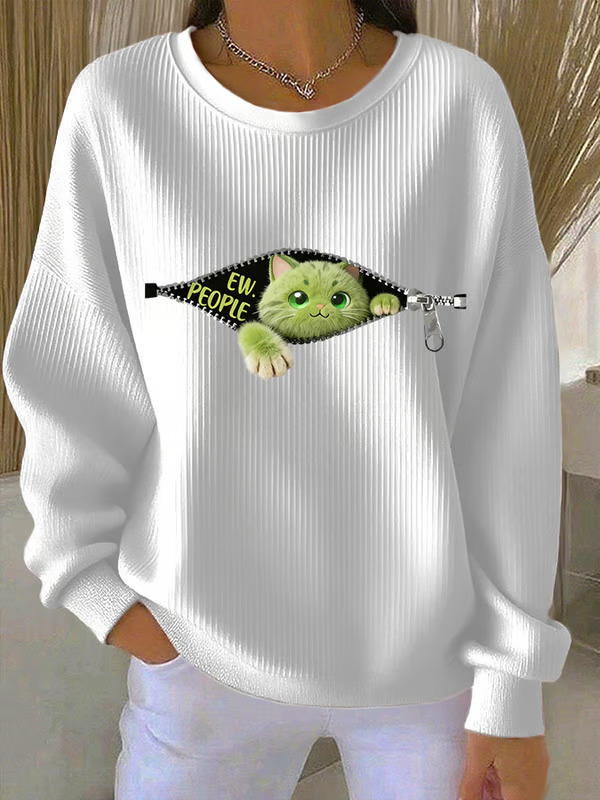 Women's Cartoon Cat Print Zip-Up Crewneck Sweatshirt