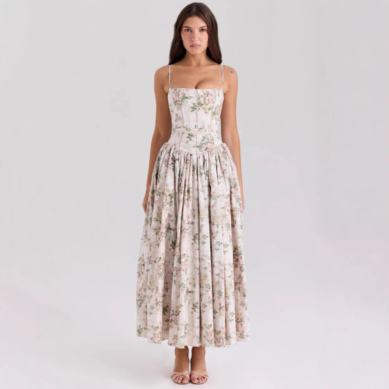 Elegant Floral Sleeveless Slip Dress Slimming A-Line Midi
