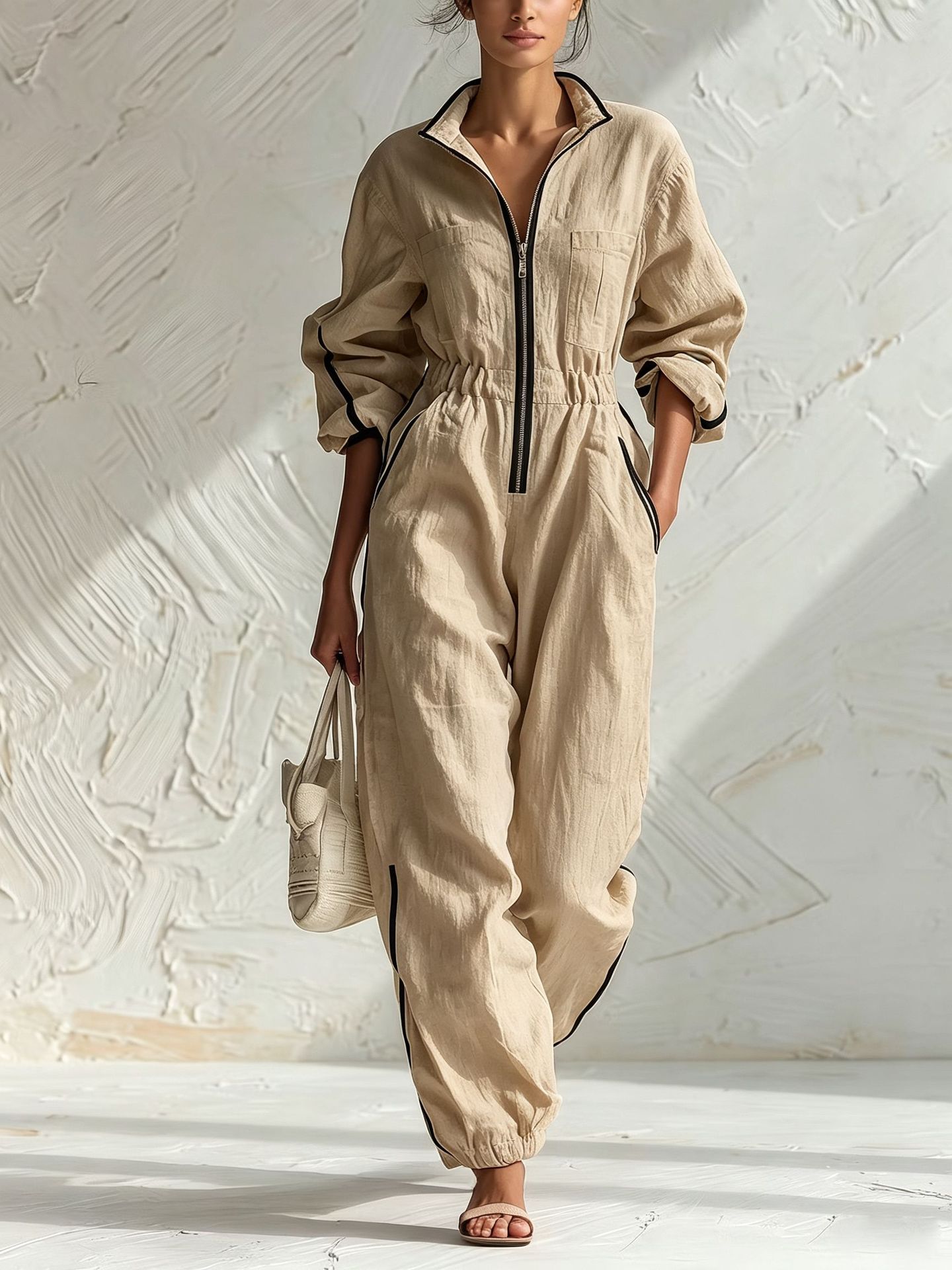 Women's Linen-Blend Zip-Front Jumpsuit with Contrast Trim and Elastic Waist