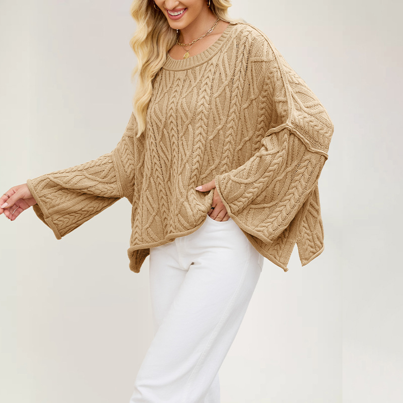Cable-Knit Crewneck Loose Solid Color Sweater