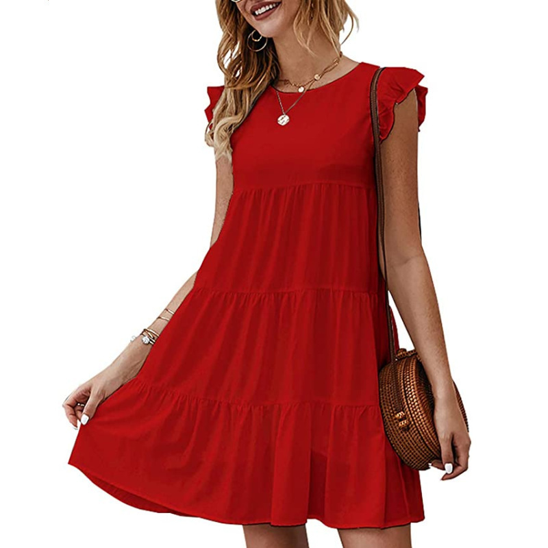 Women's Solid Crewneck Short Sleeve Tiered Ruffle Midi Dress