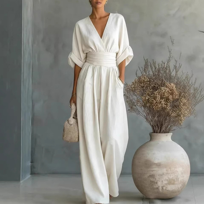 Women's Solid V-Neck Slim Waist Wide-Leg Jumpsuit