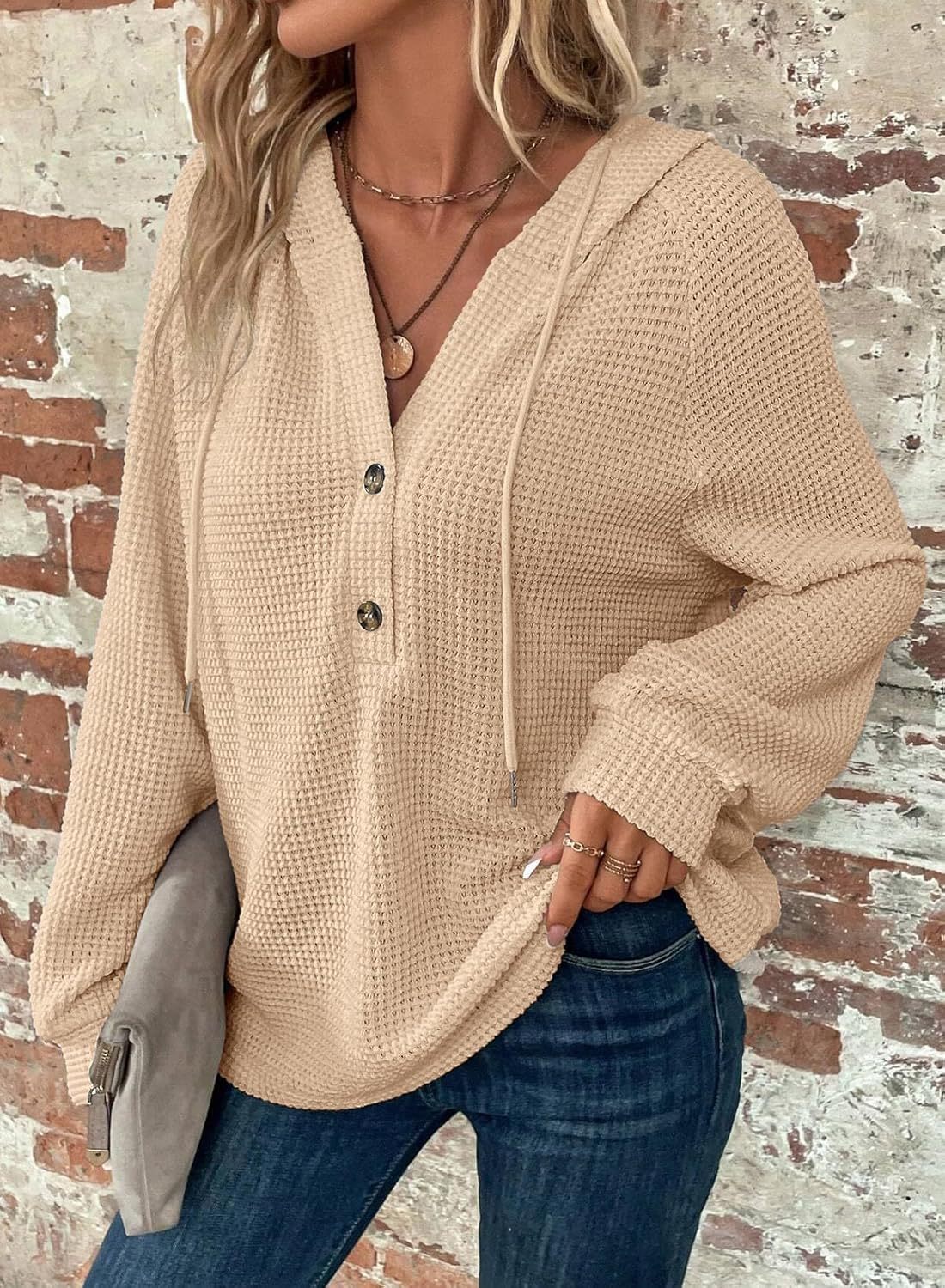 Women's Waffle Knit Drawstring Hoodie Button V-Neck Long Sleeve Pullover