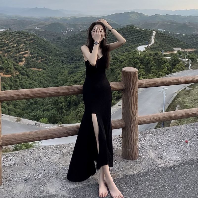 Black French-Style Slip Dress with Asymmetric Slit and Mermaid Hem