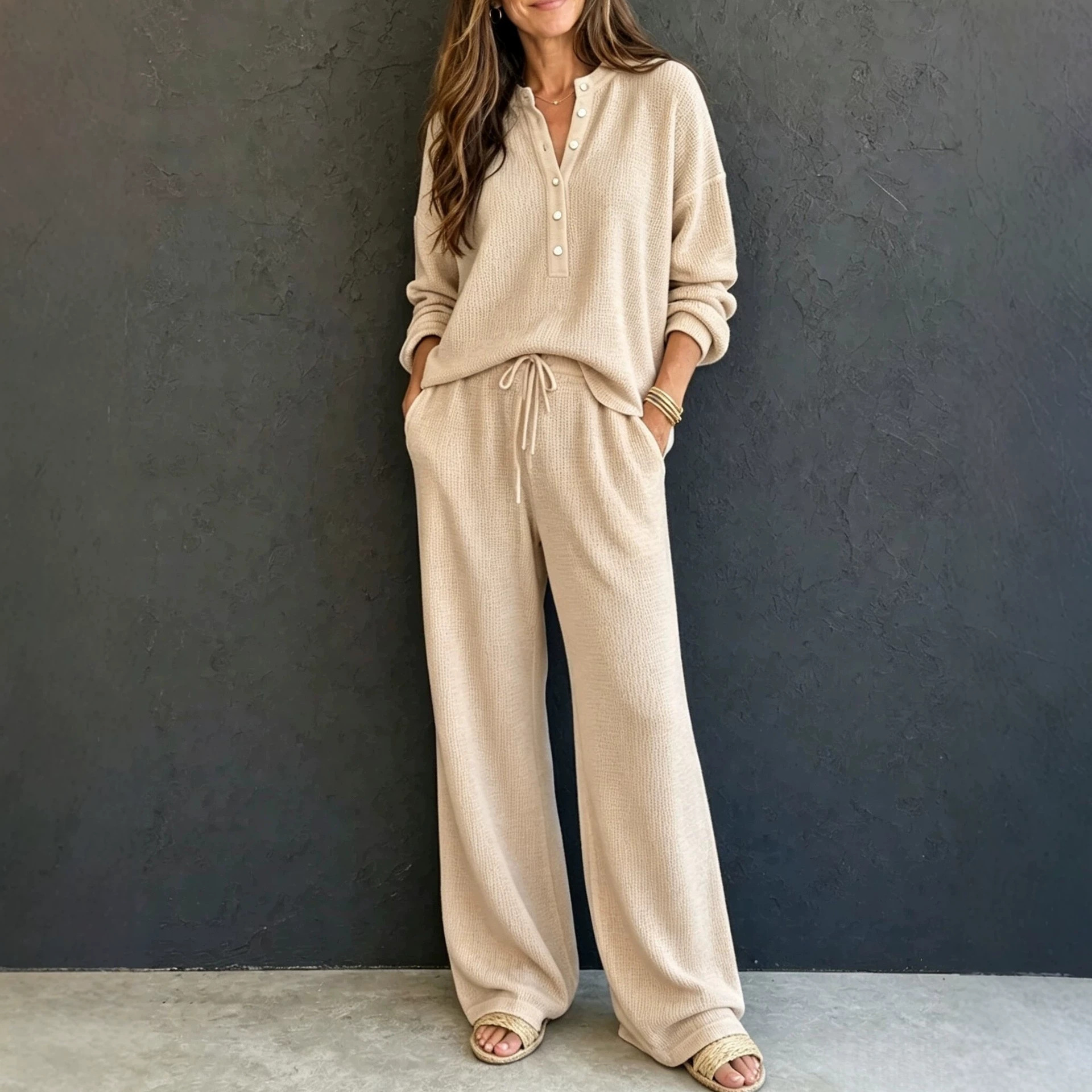 Women's Waffle Knit Long Sleeve Top & Wide Leg Pants Set Solid Color