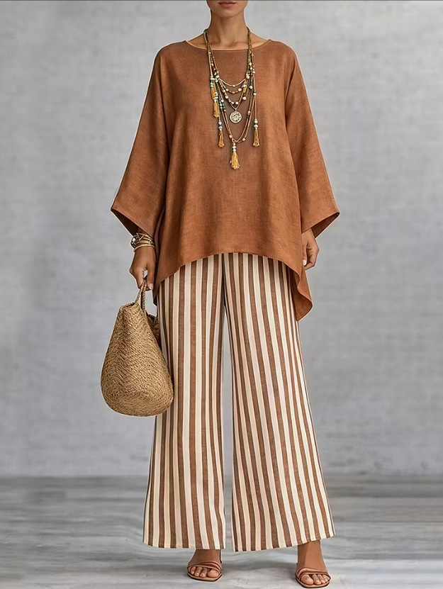 Women's Striped Print Cotton-Blend Two-Piece Set with Loose Collared Top and High-Waist Wide-Leg Pants