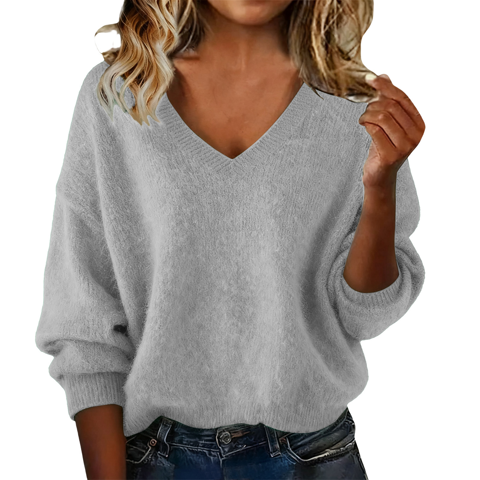Women's Loose Knit V-Neck Sweater Solid Color Long Sleeve Pullover