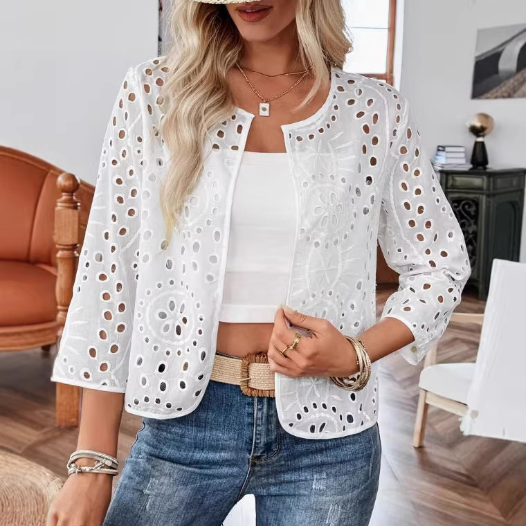 Women's Solid Color Open-Front Cardigan Jacket with Hollow-Out Embroidery