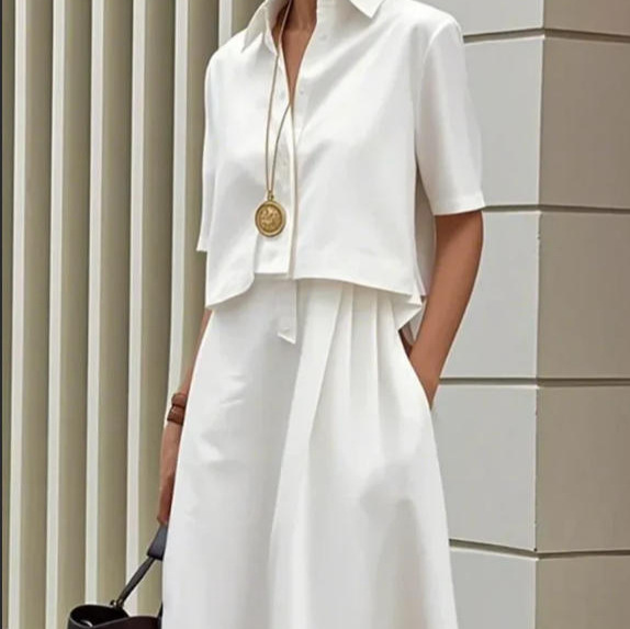 Women's White Elastic Waist Zip Pocket A-Line Cargo Dress Set
