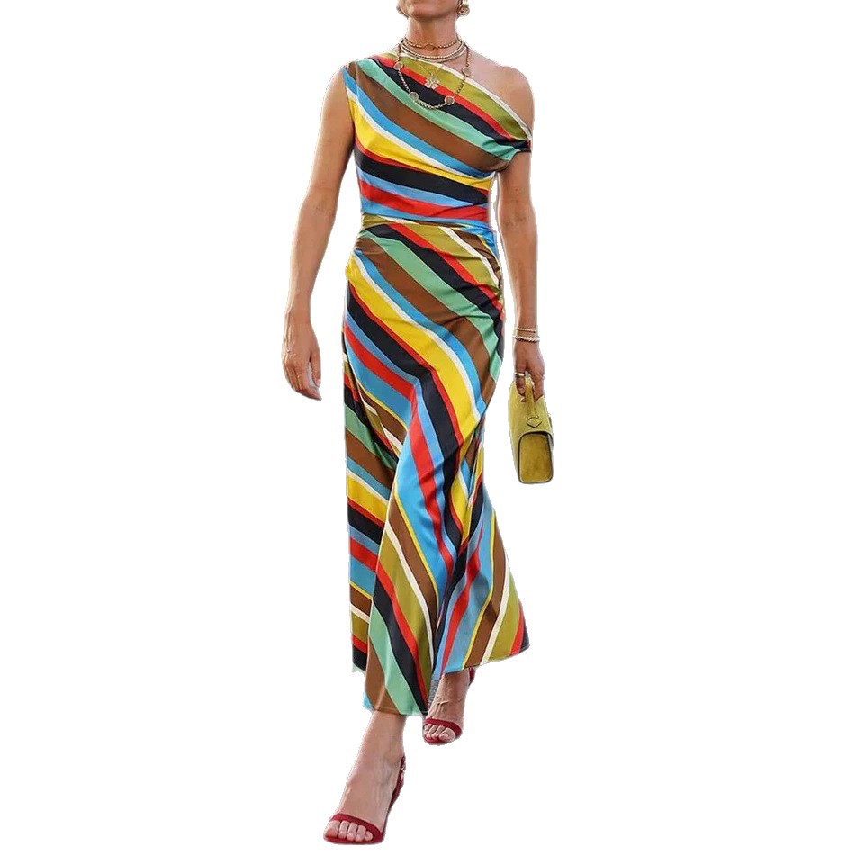 Color-Block Striped One-Shoulder Sleeveless Long Dress