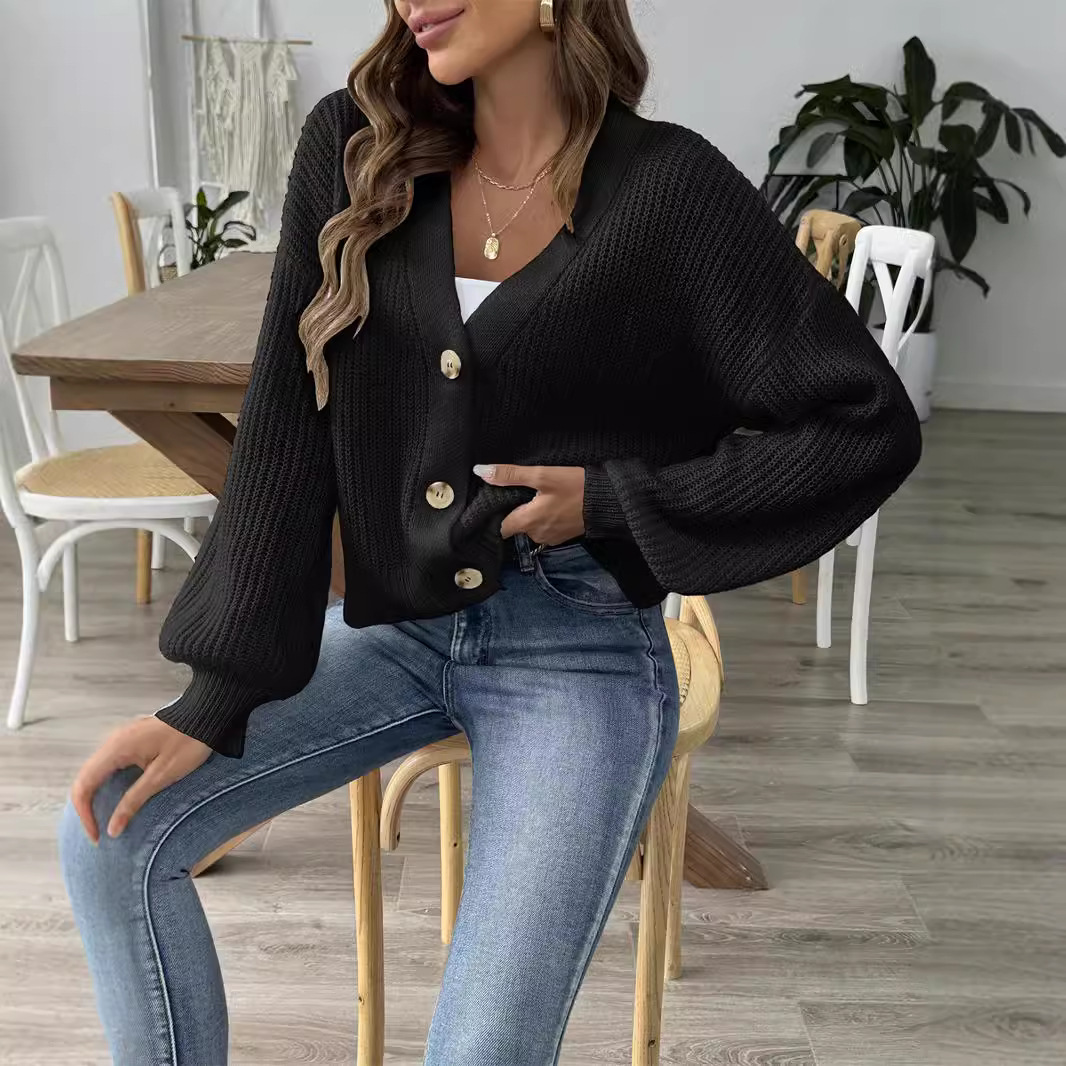 Women's Cropped V-Neck Button Cardigan Sweater