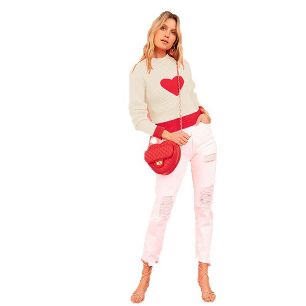 Heart Pattern Crewneck Pullover Knit Sweater