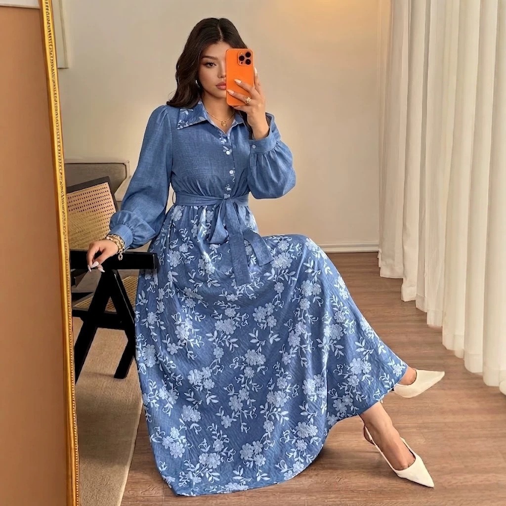 Floral Print Long Sleeve Maxi Dress with Waist Tie and Flared Skirt