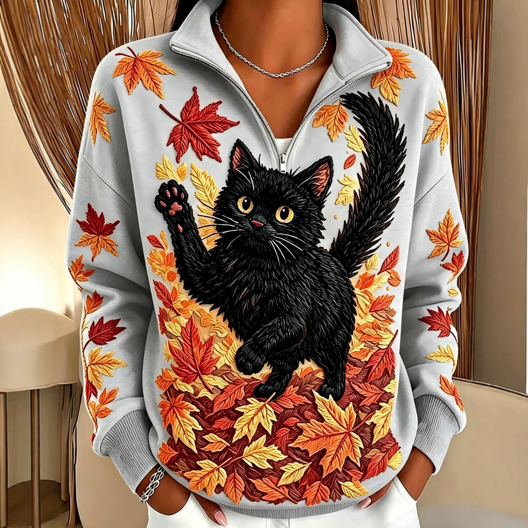 Cat & Maple Leaf Print Half-Zip Hoodie for Women