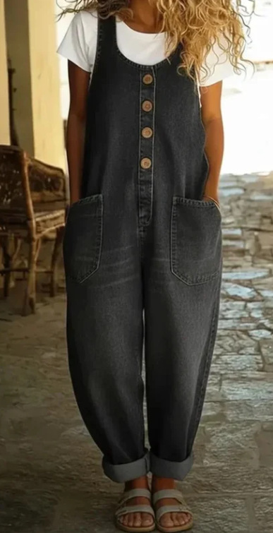 Women's Sleeveless Wide-Leg Denim Overalls with Pockets