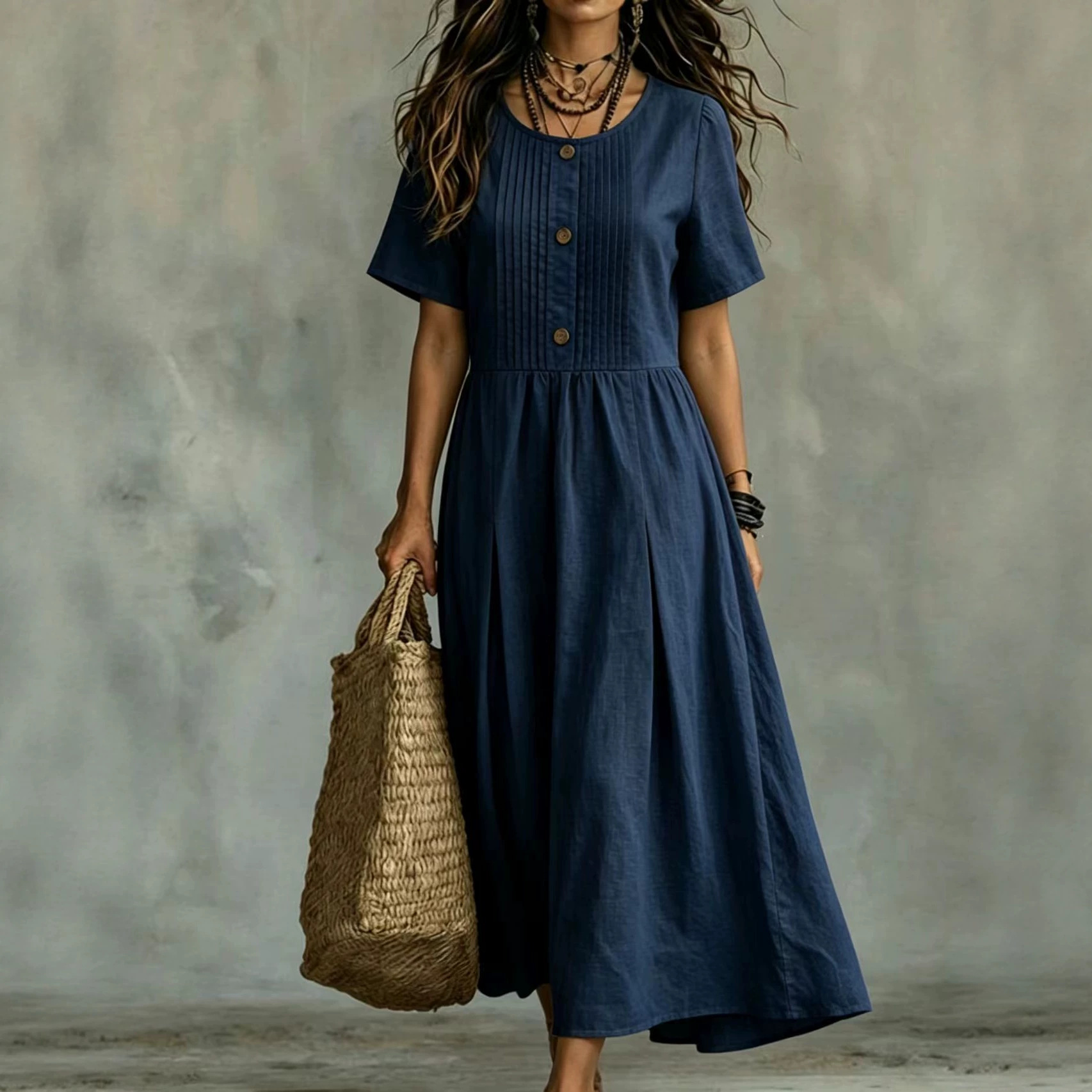 Women's Cotton-Linen Short Sleeve Midi A-Line Dress Loose Fit
