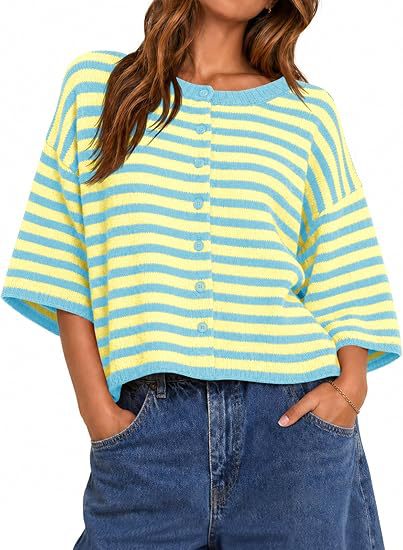 Color-Block Striped Bell-Sleeve Button Cardigan Sweater