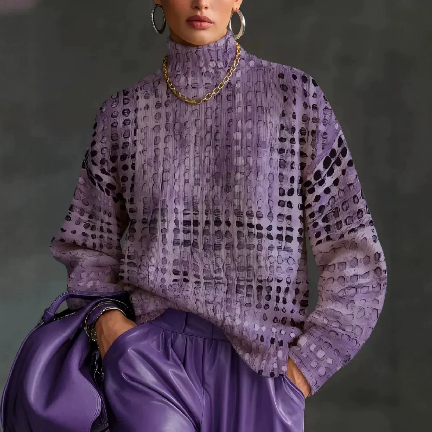 Women's Floral Polka Dot Print Turtleneck Casual Sweater