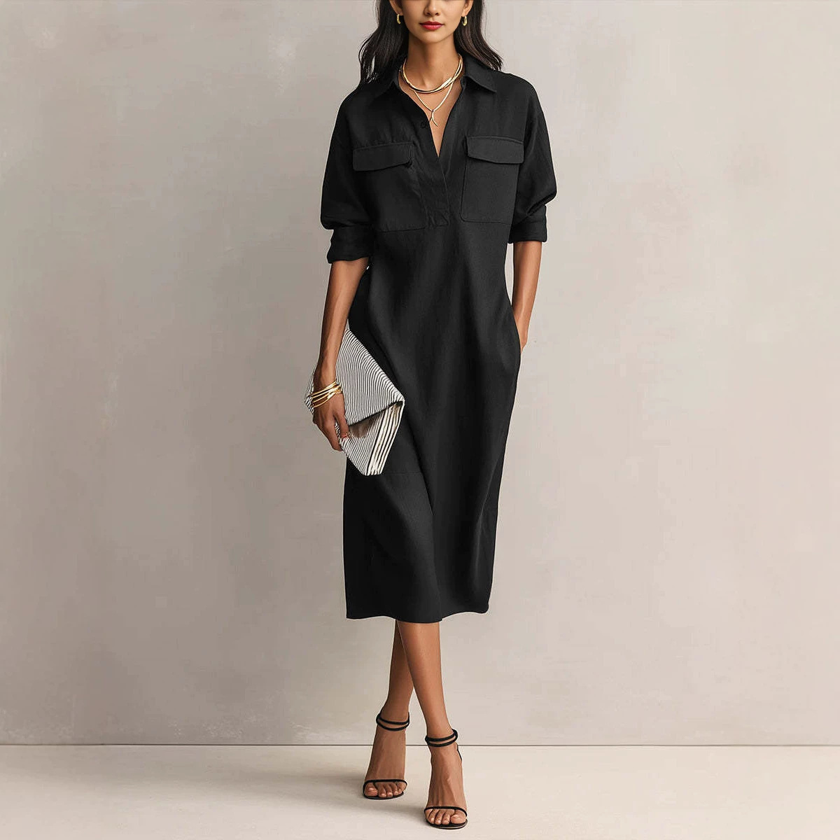 Button-Front Cotton-Linen Blend Midi Dress